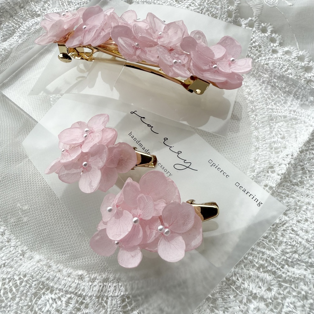 no.153 限定セット ベビーピンクの紫陽花のヘアバレッタとヘアクリップ セット 本物のお花 パール 髪飾り 髪留め 浴衣 夏祭り