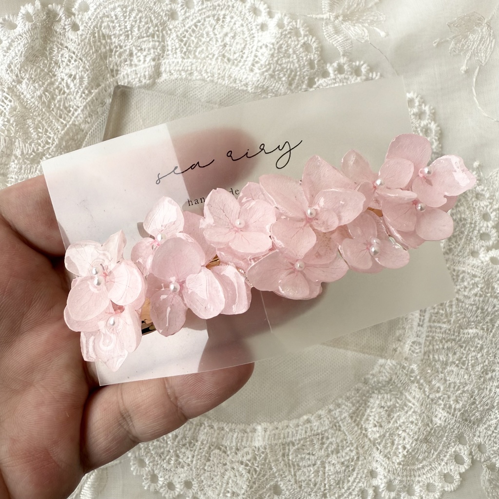 no.153 限定セット ベビーピンクの紫陽花のヘアバレッタとヘアクリップ セット 本物のお花 パール 髪飾り 髪留め 浴衣 夏祭り