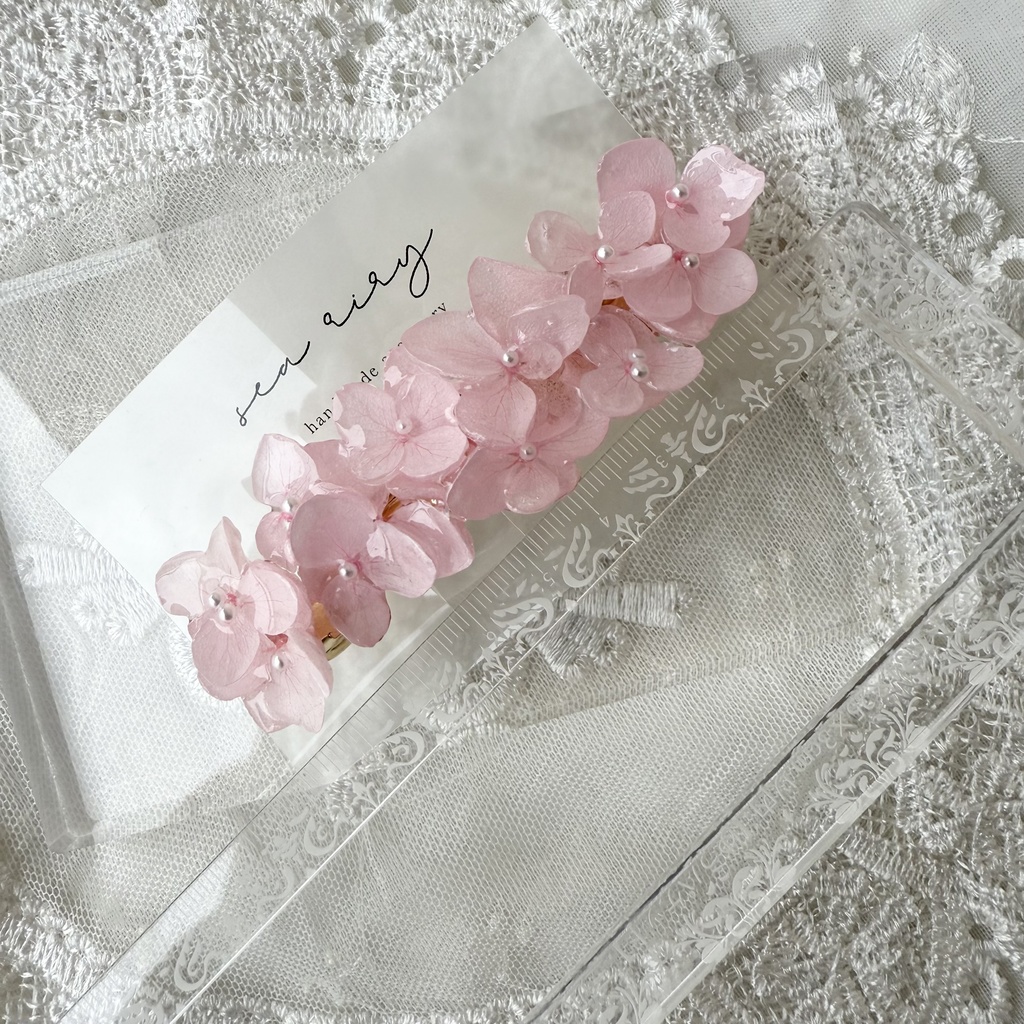 no.153 限定セット ベビーピンクの紫陽花のヘアバレッタとヘアクリップ セット 本物のお花 パール 髪飾り 髪留め 浴衣 夏祭り