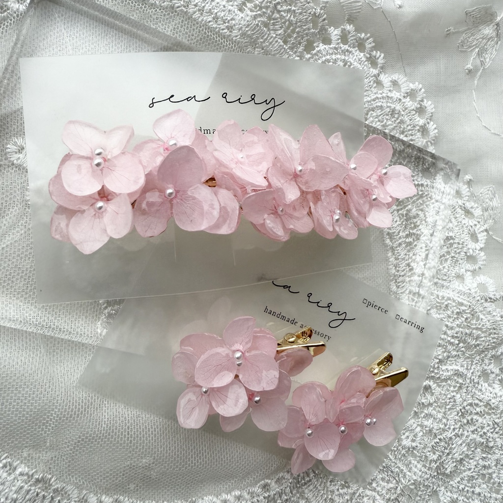 no.153 限定セット ベビーピンクの紫陽花のヘアバレッタとヘアクリップ セット 本物のお花 パール 髪飾り 髪留め 浴衣 夏祭り