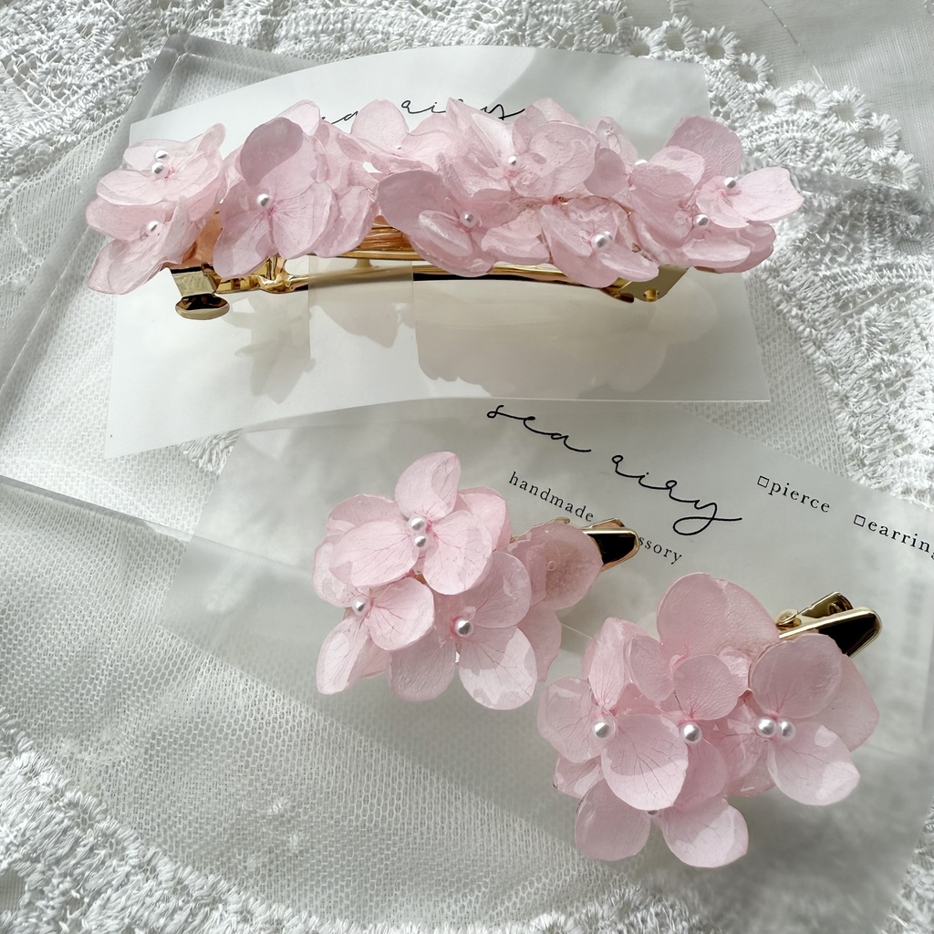 no.153 限定セット ベビーピンクの紫陽花のヘアバレッタとヘアクリップ セット 本物のお花 パール 髪飾り 髪留め 浴衣 夏祭り