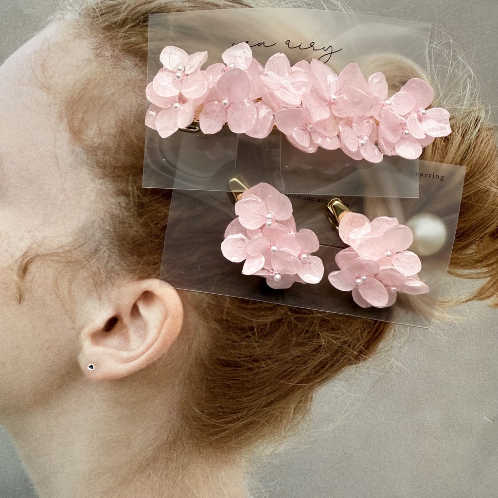 no.153 限定セット ベビーピンクの紫陽花のヘアバレッタとヘアクリップ セット 本物のお花 パール 髪飾り 髪留め 浴衣 夏祭り