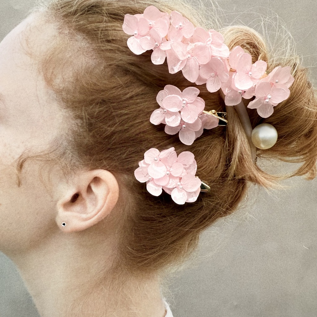 no.153 限定セット ベビーピンクの紫陽花のヘアバレッタとヘアクリップ セット 本物のお花 パール 髪飾り 髪留め 浴衣 夏祭り