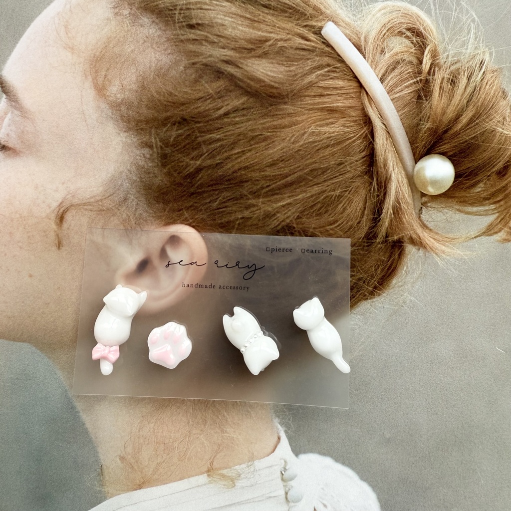 no.154 限定価格 いちごみるくのおめかしねこちゃん ピアスセット ピンク パール 猫 しろねこちゃん ハンドメイドピアス