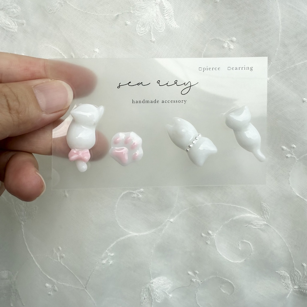 no.154 限定価格 いちごみるくのおめかしねこちゃん ピアスセット ピンク パール 猫 しろねこちゃん ハンドメイドピアス