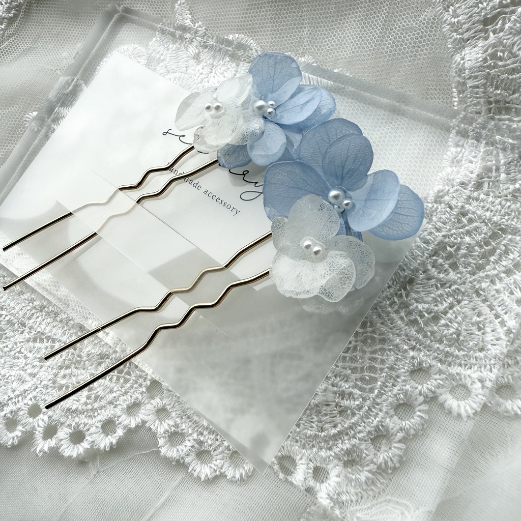 no.158 紫陽花とアナベルのかんざし ベビーブルー ホワイト パール 本物のお花 簪 着物 浴衣 夏祭り ハンドメイド