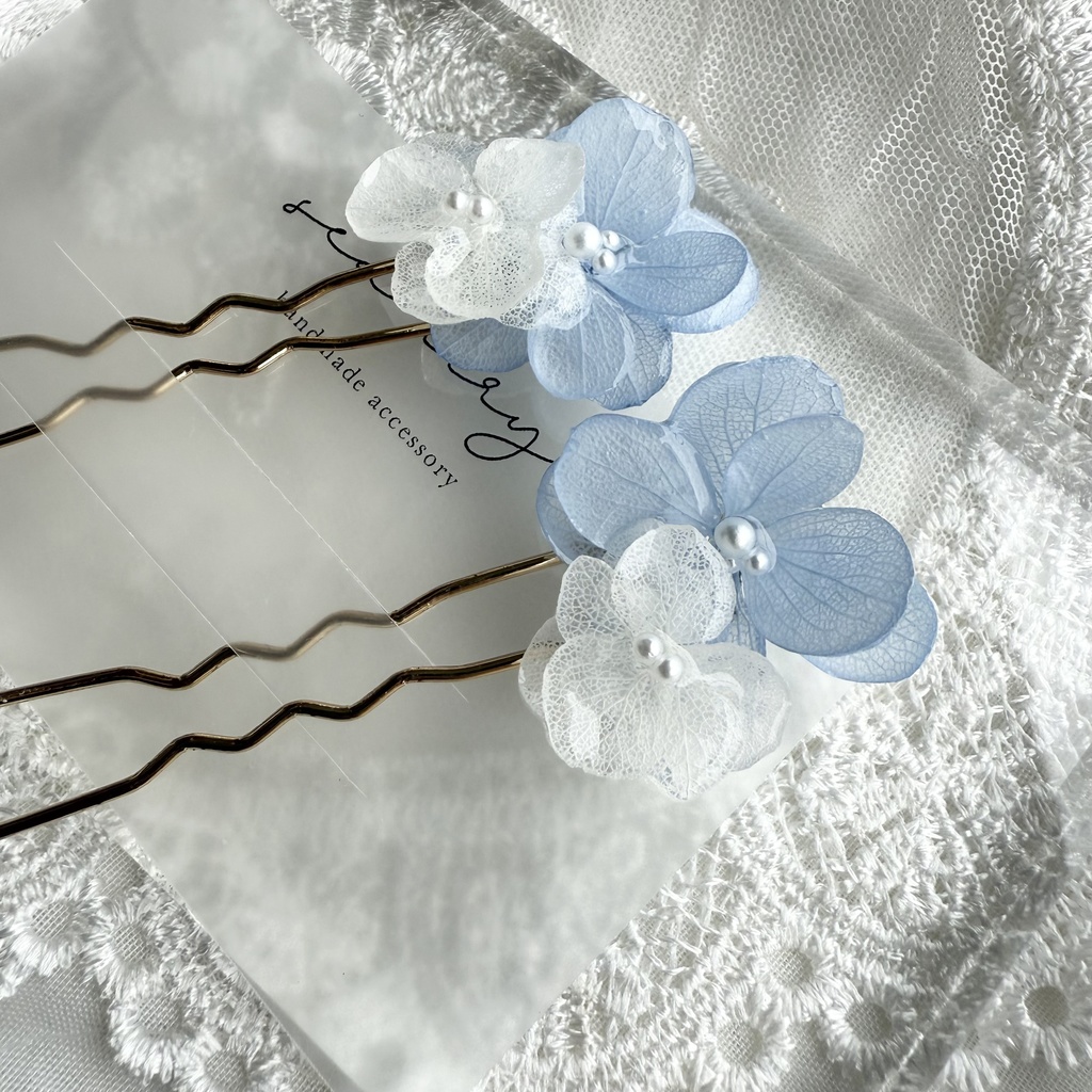 no.158 紫陽花とアナベルのかんざし ベビーブルー ホワイト パール 本物のお花 簪 着物 浴衣 夏祭り ハンドメイド