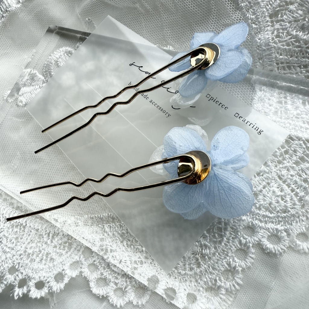 no.158 紫陽花とアナベルのかんざし ベビーブルー ホワイト パール 本物のお花 簪 着物 浴衣 夏祭り ハンドメイド