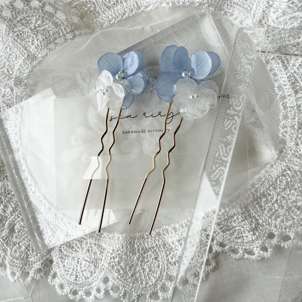 no.158 紫陽花とアナベルのかんざし ベビーブルー ホワイト パール 本物のお花 簪 着物 浴衣 夏祭り ハンドメイド