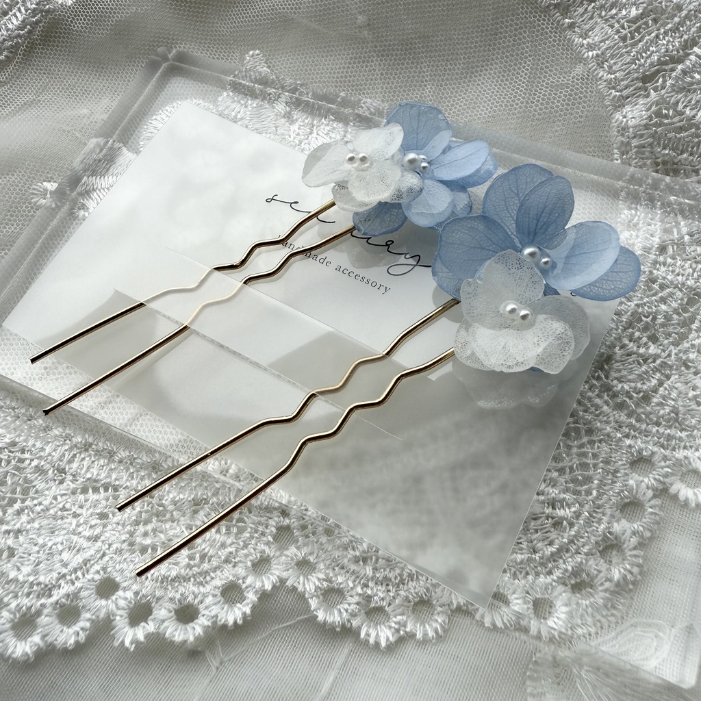 no.158 紫陽花とアナベルのかんざし ベビーブルー ホワイト パール 本物のお花 簪 着物 浴衣 夏祭り ハンドメイド