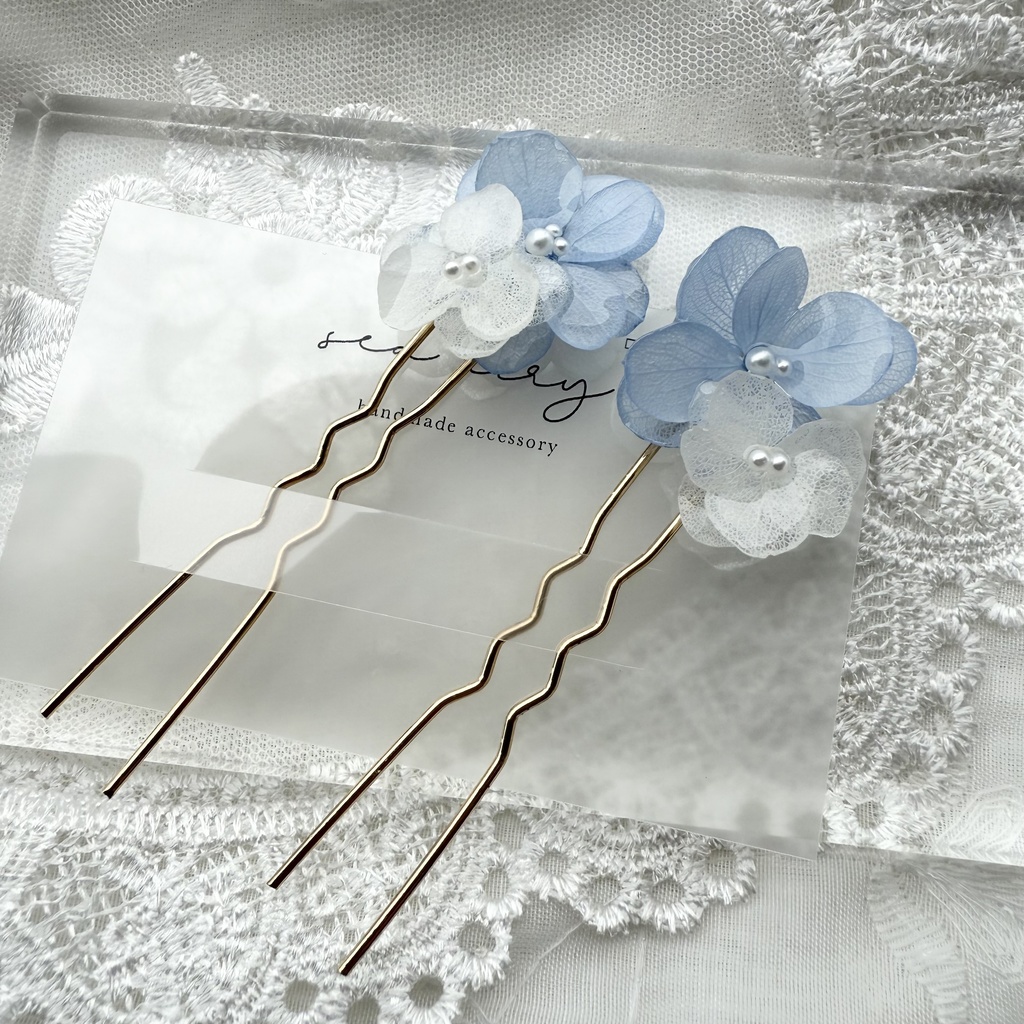no.158 紫陽花とアナベルのかんざし ベビーブルー ホワイト パール 本物のお花 簪 着物 浴衣 夏祭り ハンドメイド
