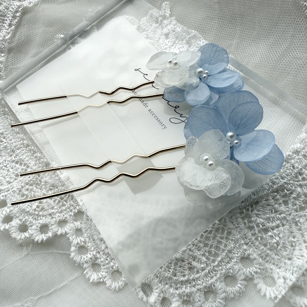 no.158 紫陽花とアナベルのかんざし ベビーブルー ホワイト パール 本物のお花 簪 着物 浴衣 夏祭り ハンドメイド