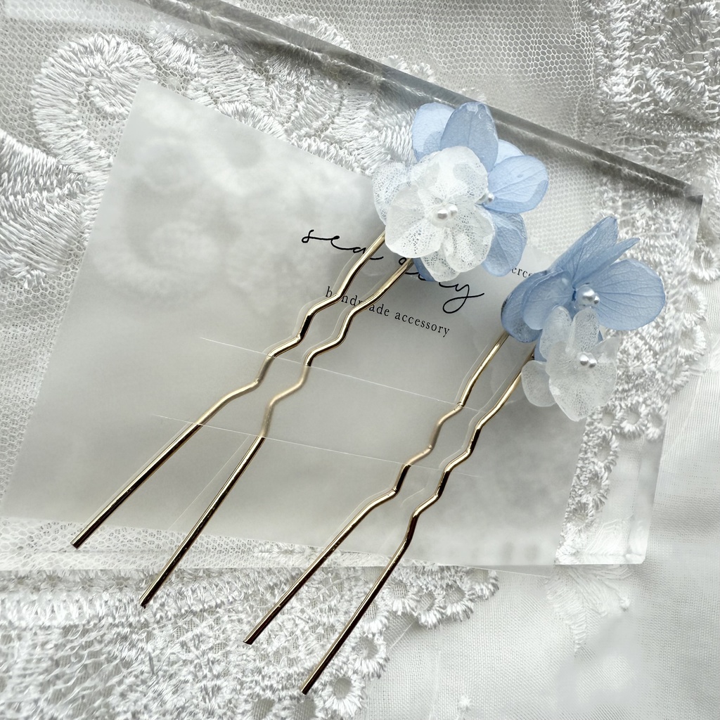 no.158 紫陽花とアナベルのかんざし ベビーブルー ホワイト パール 本物のお花 簪 着物 浴衣 夏祭り ハンドメイド