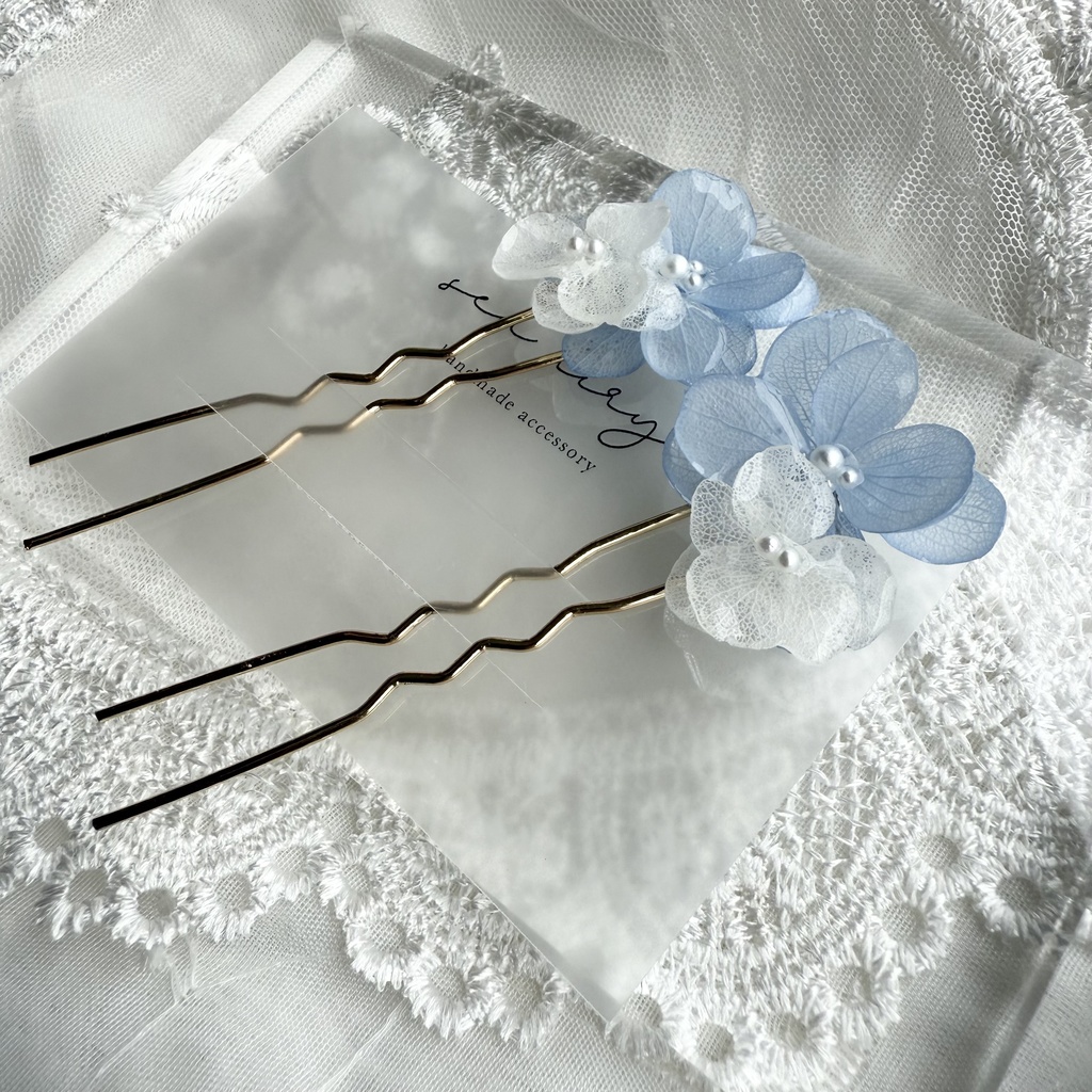 no.158 紫陽花とアナベルのかんざし ベビーブルー ホワイト パール 本物のお花 簪 着物 浴衣 夏祭り ハンドメイド