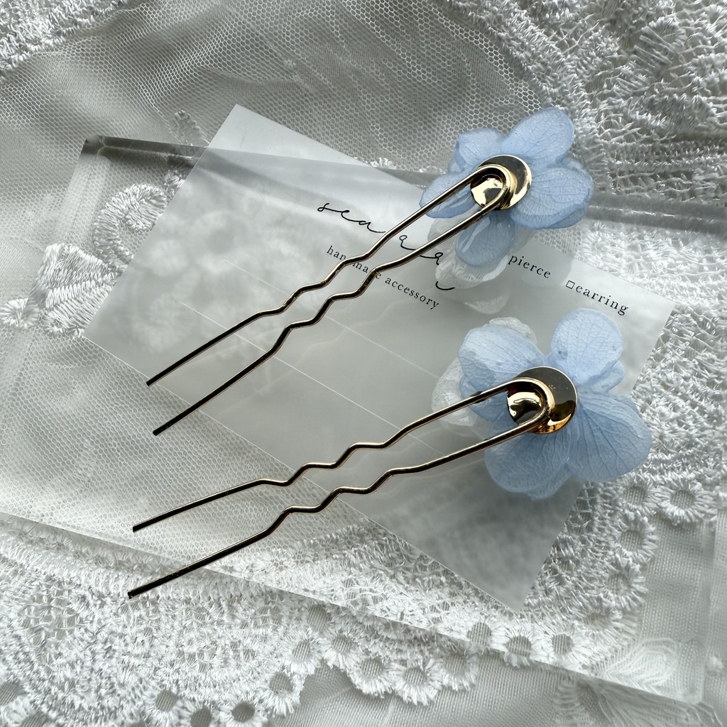 no.158 紫陽花とアナベルのかんざし ベビーブルー ホワイト パール 本物のお花 簪 着物 浴衣 夏祭り ハンドメイド