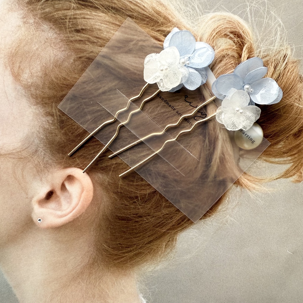 no.158 紫陽花とアナベルのかんざし ベビーブルー ホワイト パール 本物のお花 簪 着物 浴衣 夏祭り ハンドメイド