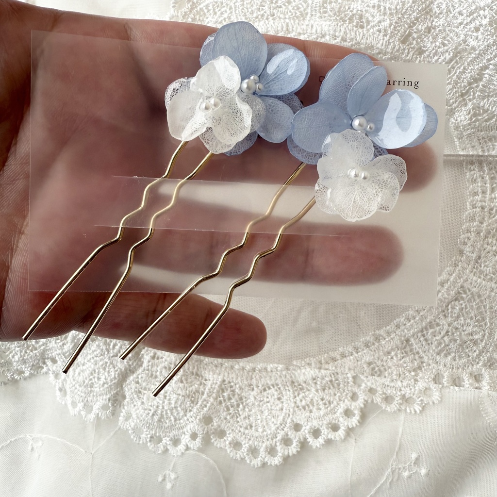 no.158 紫陽花とアナベルのかんざし ベビーブルー ホワイト パール 本物のお花 簪 着物 浴衣 夏祭り ハンドメイド