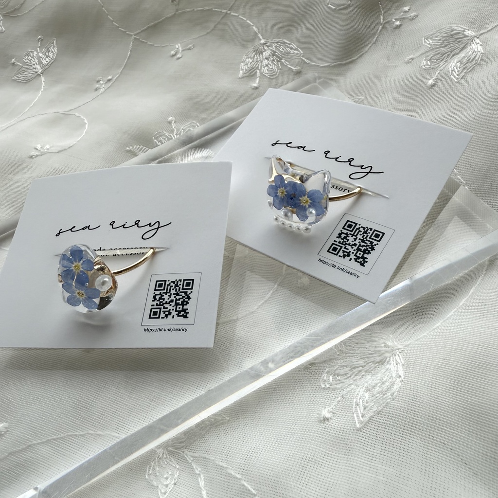 no.163 限定セット 勿忘草のリングセット 猫 ねこ 鉱石 ブルー パール 指輪 リング
