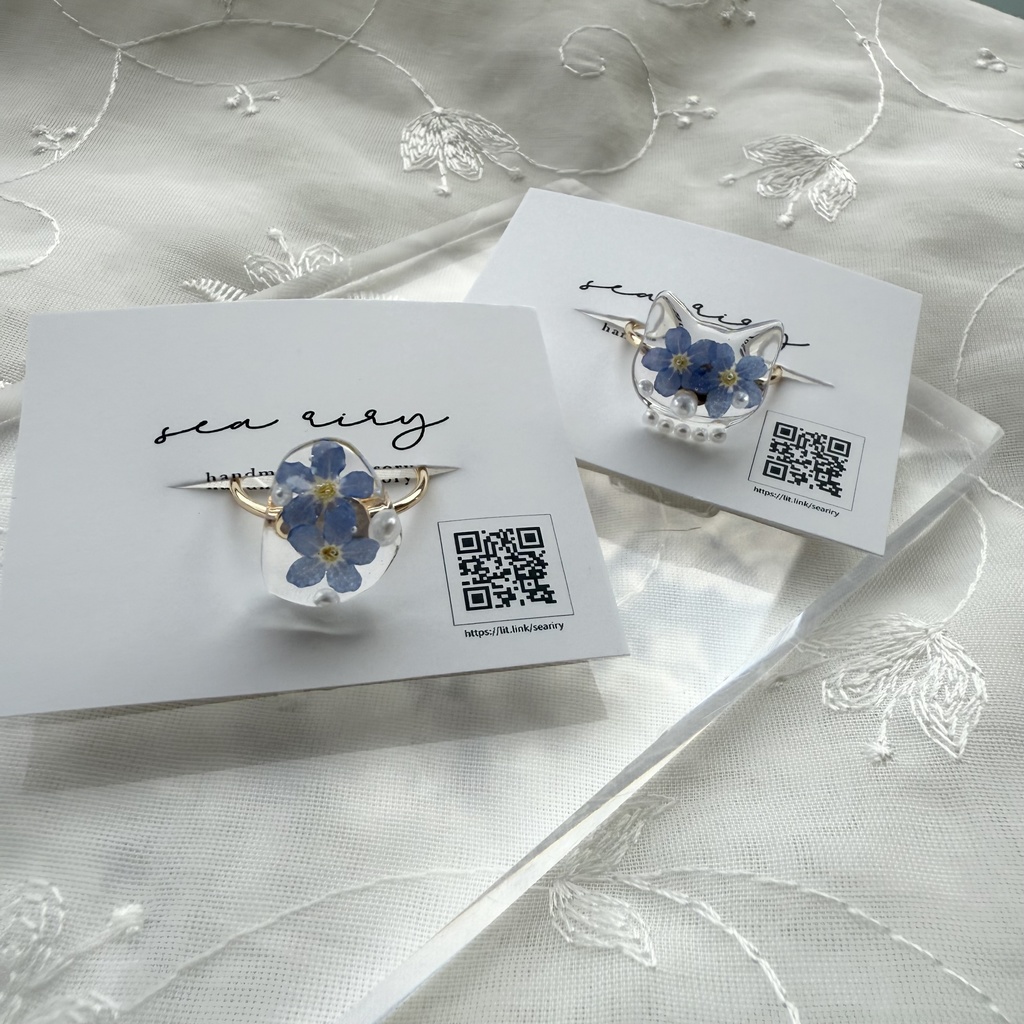 no.163 限定セット 勿忘草のリングセット 猫 ねこ 鉱石 ブルー パール 指輪 リング