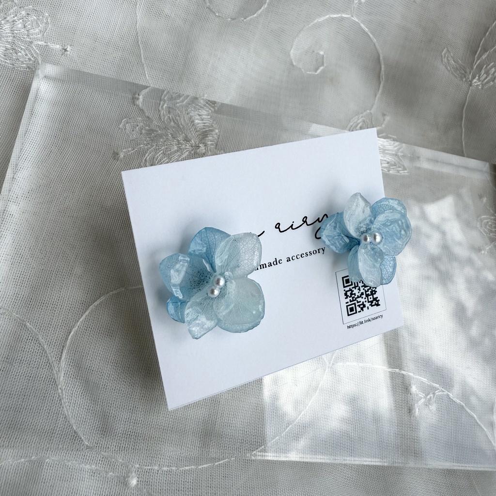 no.164 ちいさなお花のピアス 本物のピアス 紫陽花 アナベル ブルー パール ステンレス ポストピアス ピアス