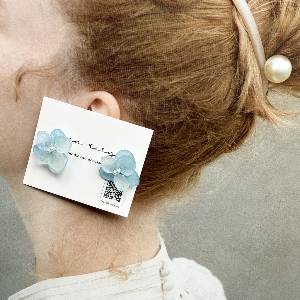 no.164 ちいさなお花のピアス 本物のピアス 紫陽花 アナベル ブルー パール ステンレス ポストピアス ピアス