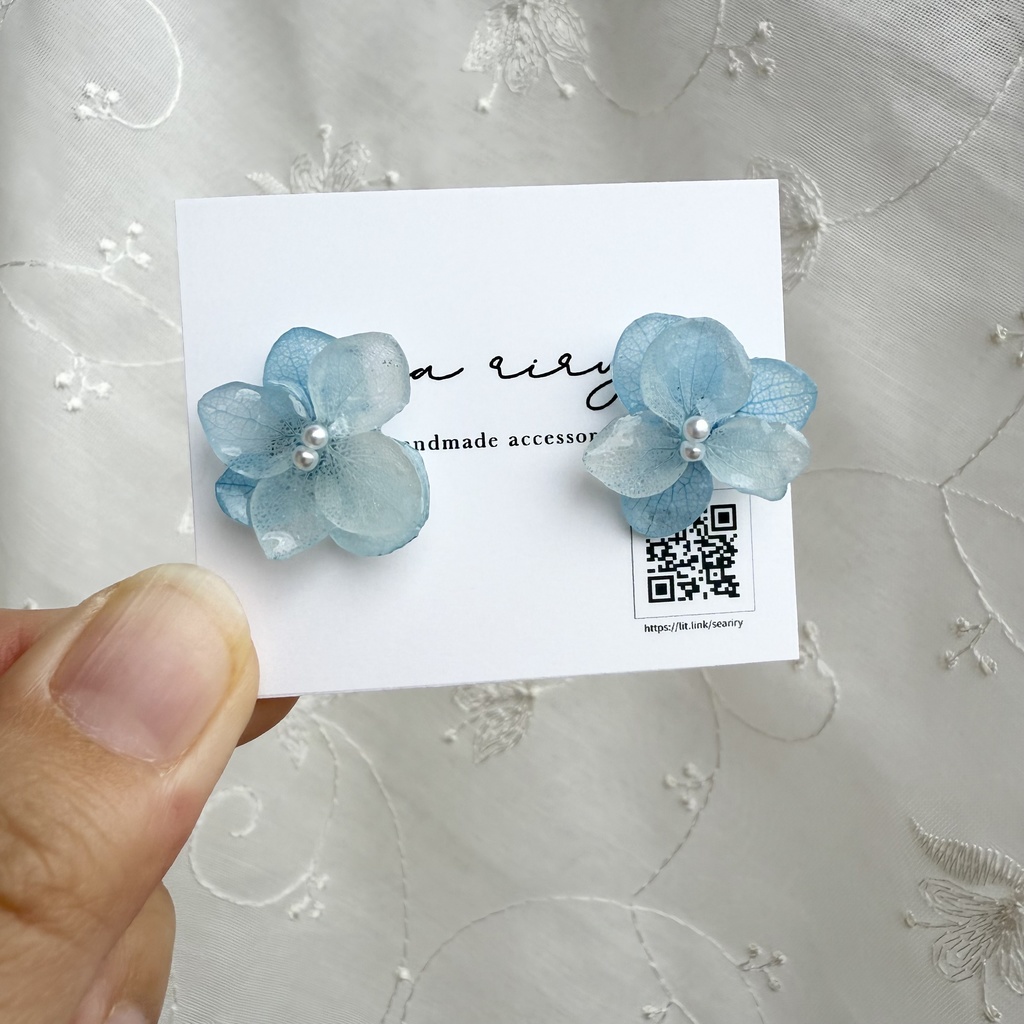 no.164 ちいさなお花のピアス 本物のピアス 紫陽花 アナベル ブルー パール ステンレス ポストピアス ピアス