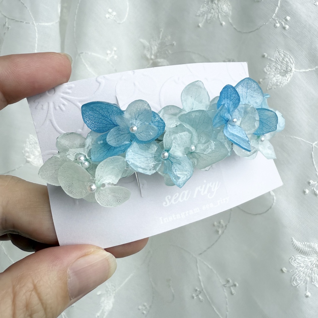 no.167 ブルーグラデの紫陽花ヘアバレッタ 紫陽花 アナベル 本物のお花 ヘアアクセサリー ブルー パール 髪留め 髪飾り