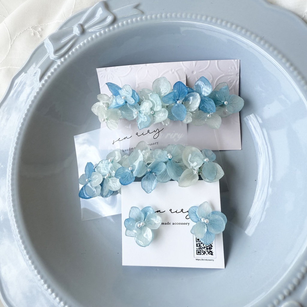 no.167 ブルーグラデの紫陽花ヘアバレッタ 紫陽花 アナベル 本物のお花 ヘアアクセサリー ブルー パール 髪留め 髪飾り