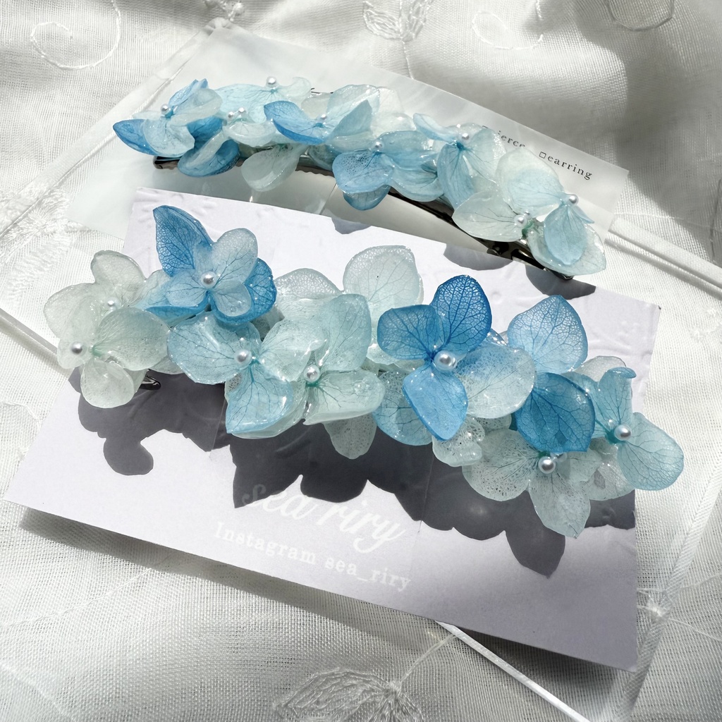 no.167 ブルーグラデの紫陽花ヘアバレッタ 紫陽花 アナベル 本物のお花 ヘアアクセサリー ブルー パール 髪留め 髪飾り