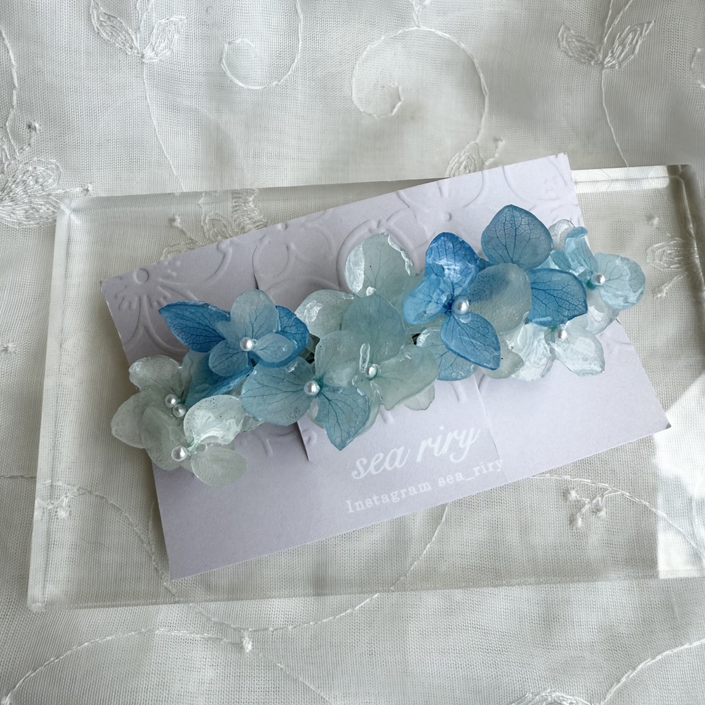 no.167 ブルーグラデの紫陽花ヘアバレッタ 紫陽花 アナベル 本物のお花 ヘアアクセサリー ブルー パール 髪留め 髪飾り