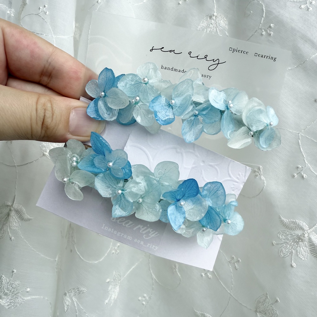 no.167 ブルーグラデの紫陽花ヘアバレッタ 紫陽花 アナベル 本物のお花 ヘアアクセサリー ブルー パール 髪留め 髪飾り