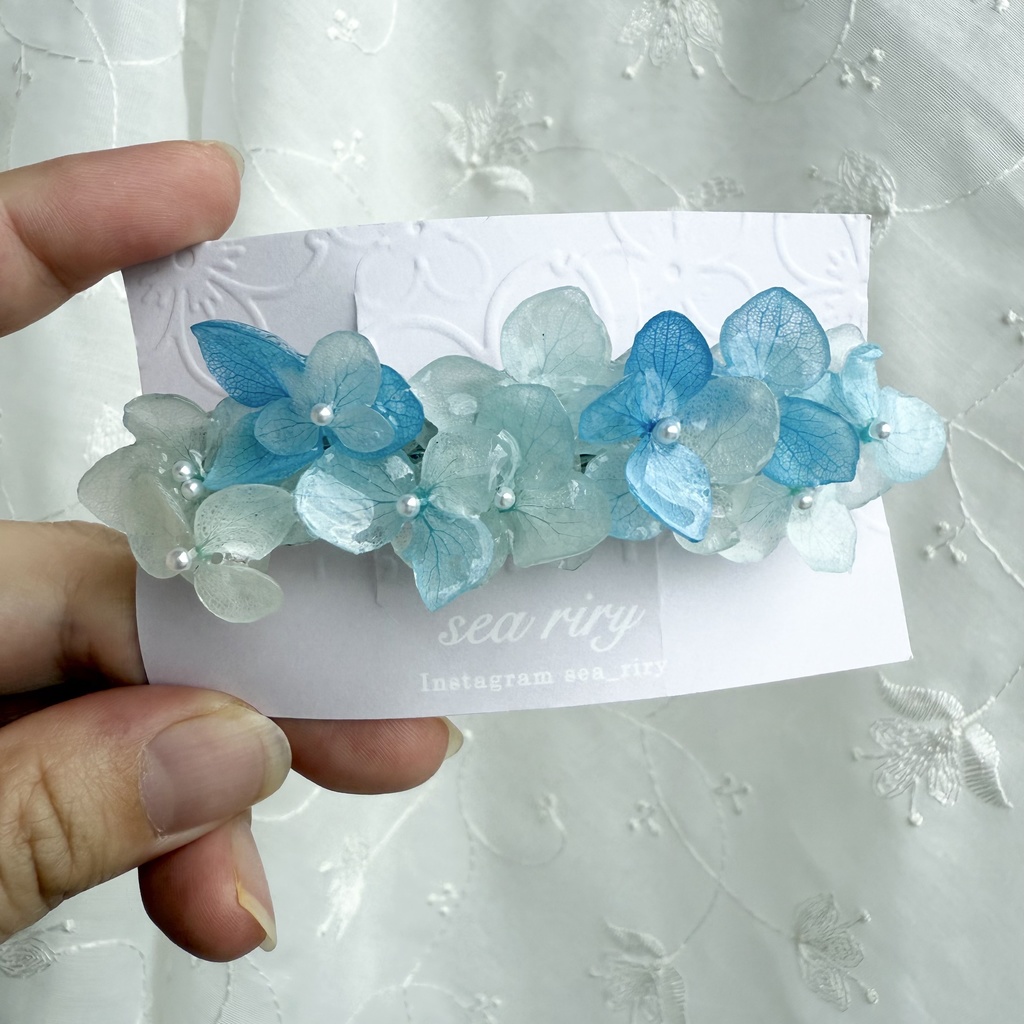 no.167 ブルーグラデの紫陽花ヘアバレッタ 紫陽花 アナベル 本物のお花 ヘアアクセサリー ブルー パール 髪留め 髪飾り