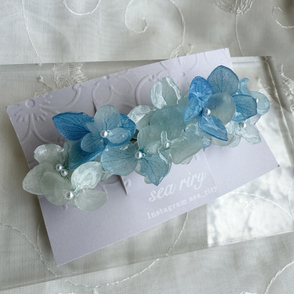 no.167 ブルーグラデの紫陽花ヘアバレッタ 紫陽花 アナベル 本物のお花 ヘアアクセサリー ブルー パール 髪留め 髪飾り