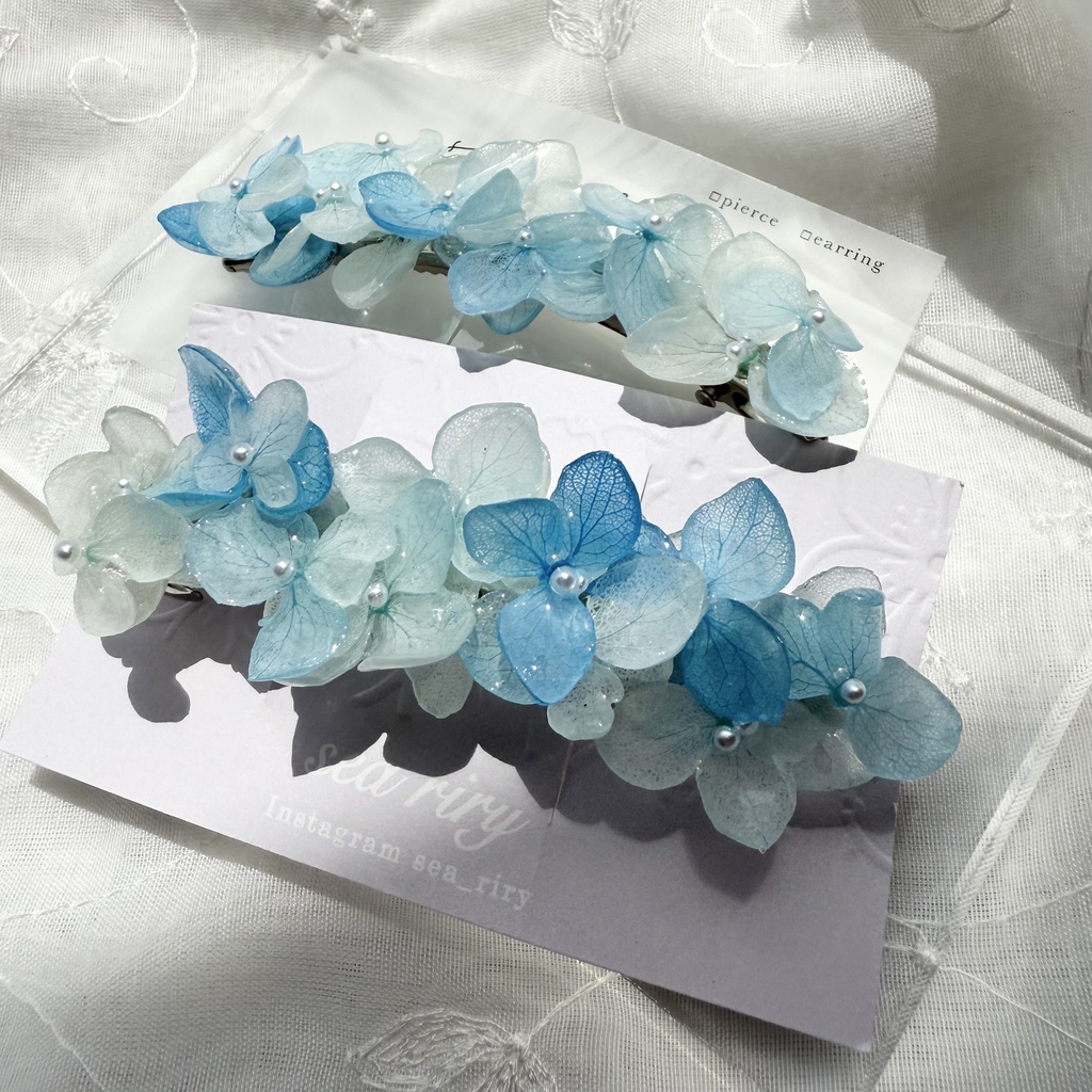 no.167 ブルーグラデの紫陽花ヘアバレッタ 紫陽花 アナベル 本物のお花 ヘアアクセサリー ブルー パール 髪留め 髪飾り