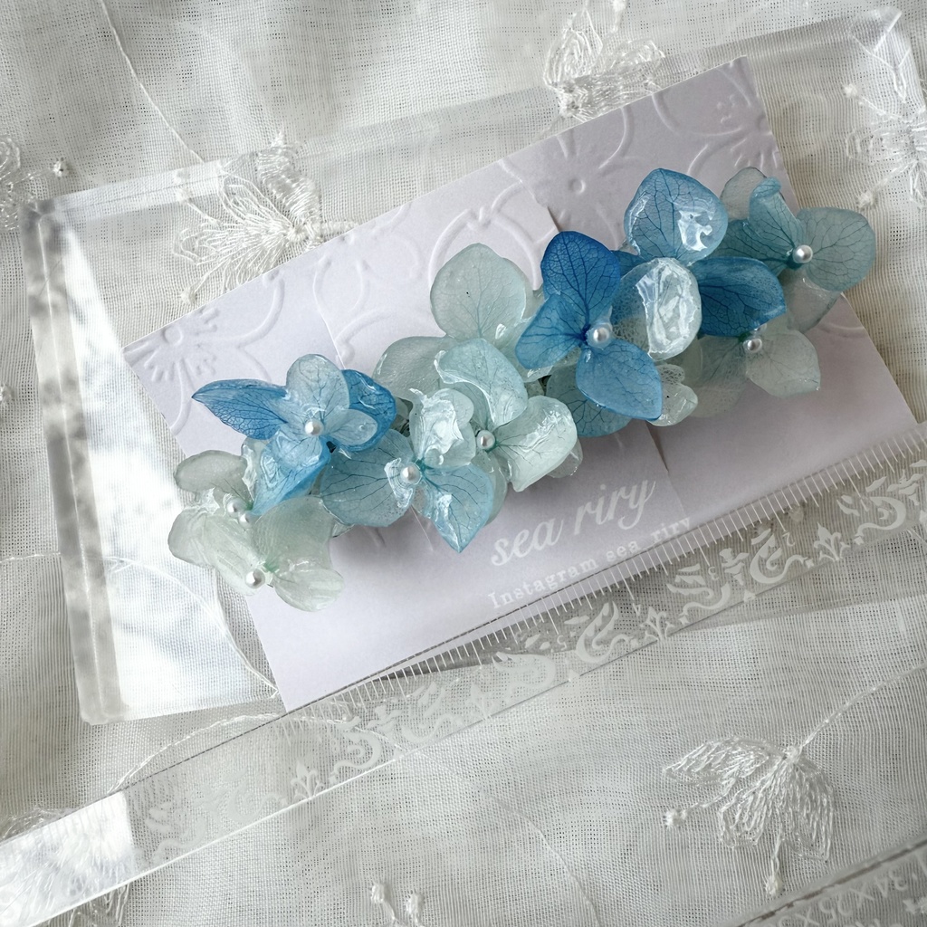 no.167 ブルーグラデの紫陽花ヘアバレッタ 紫陽花 アナベル 本物のお花 ヘアアクセサリー ブルー パール 髪留め 髪飾り