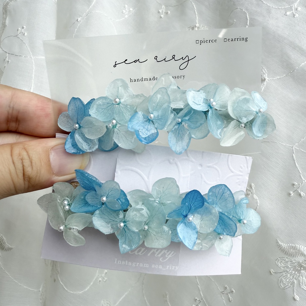 no.167 ブルーグラデの紫陽花ヘアバレッタ 紫陽花 アナベル 本物のお花 ヘアアクセサリー ブルー パール 髪留め 髪飾り