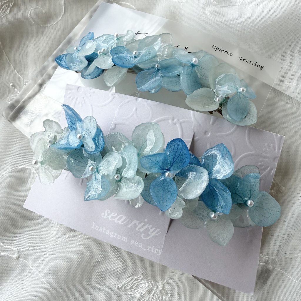 no.167 ブルーグラデの紫陽花ヘアバレッタ 紫陽花 アナベル 本物のお花 ヘアアクセサリー ブルー パール 髪留め 髪飾り