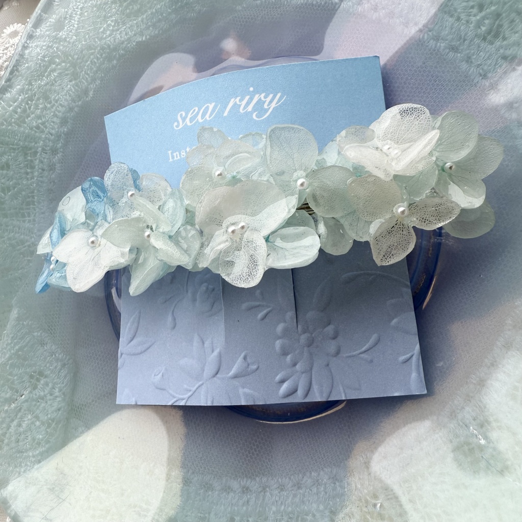 no.170 ブルーホワイトの紫陽花ヘアバレッタ 紫陽花 アナベル 本物のお花 パール ヘアバレッタ ヘアアクセサリー 髪飾り 浴衣 着物