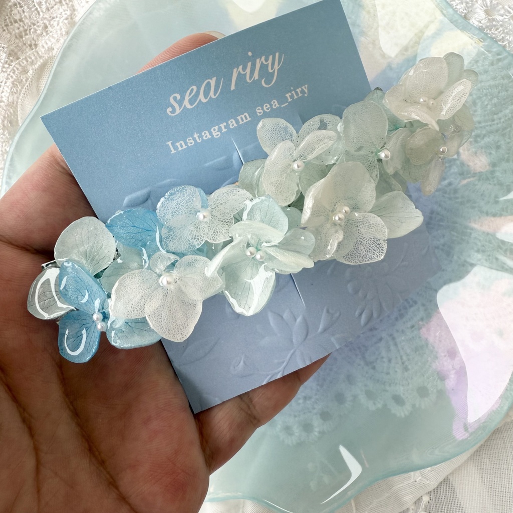 no.170 ブルーホワイトの紫陽花ヘアバレッタ 紫陽花 アナベル 本物のお花 パール ヘアバレッタ ヘアアクセサリー 髪飾り 浴衣 着物