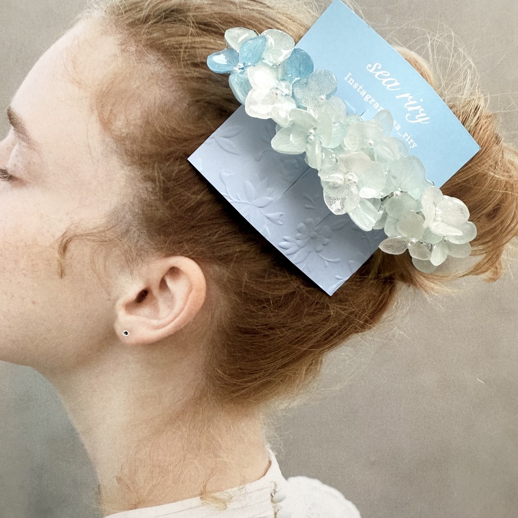 no.170 ブルーホワイトの紫陽花ヘアバレッタ 紫陽花 アナベル 本物のお花 パール ヘアバレッタ ヘアアクセサリー 髪飾り 浴衣 着物