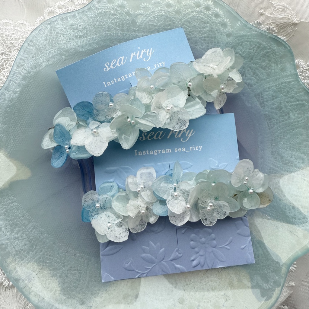 no.170 ブルーホワイトの紫陽花ヘアバレッタ 紫陽花 アナベル 本物のお花 パール ヘアバレッタ ヘアアクセサリー 髪飾り 浴衣 着物