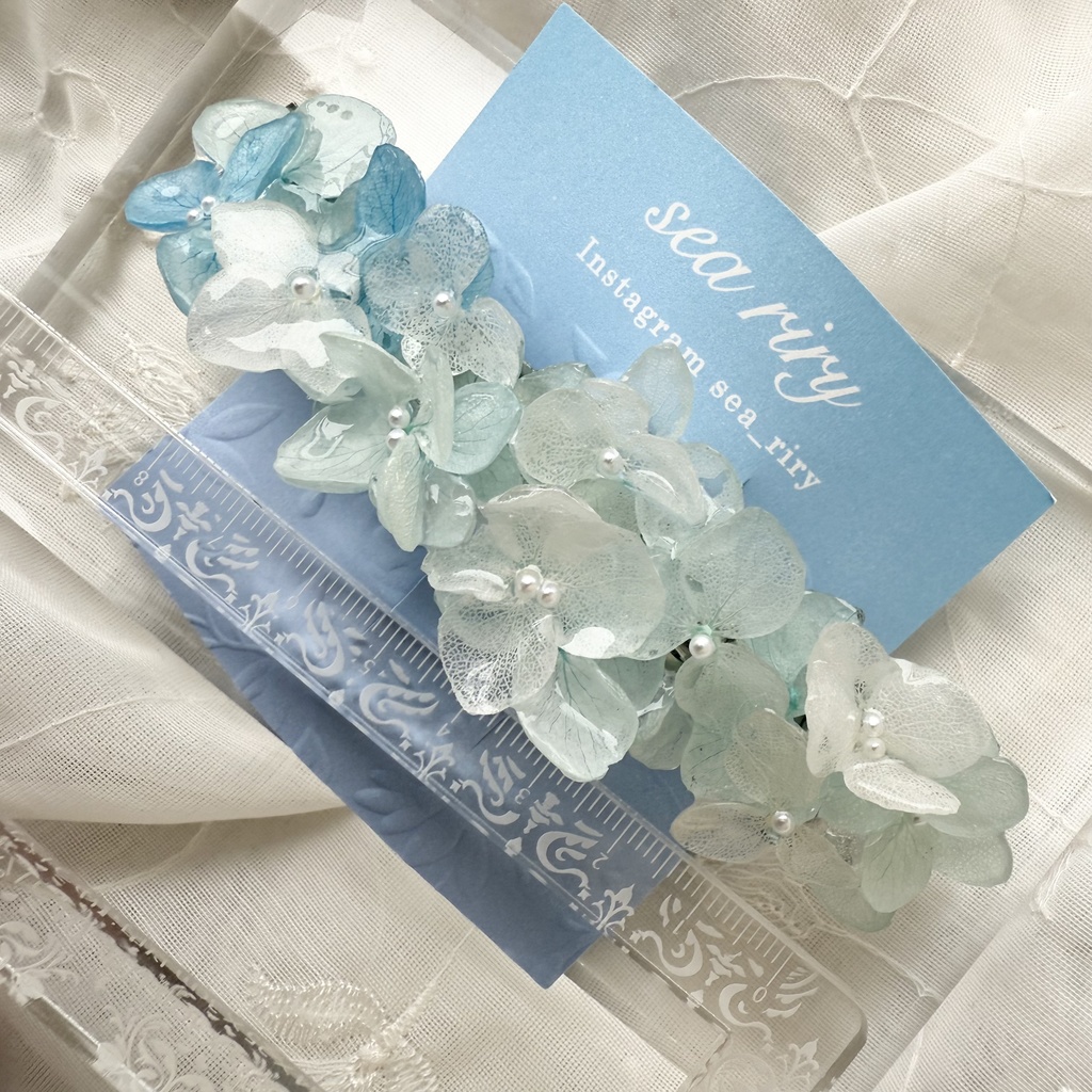 no.170 ブルーホワイトの紫陽花ヘアバレッタ 紫陽花 アナベル 本物のお花 パール ヘアバレッタ ヘアアクセサリー 髪飾り 浴衣 着物