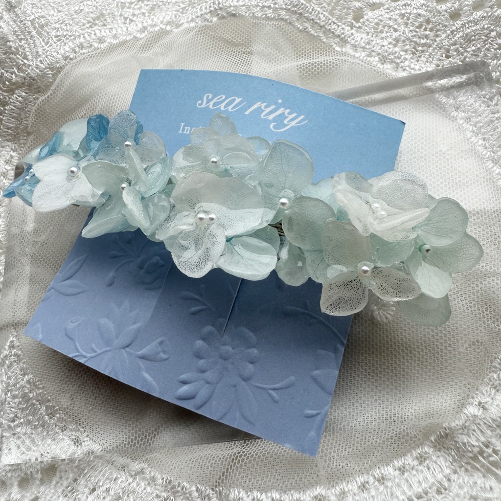 no.170 ブルーホワイトの紫陽花ヘアバレッタ 紫陽花 アナベル 本物のお花 パール ヘアバレッタ ヘアアクセサリー 髪飾り 浴衣 着物