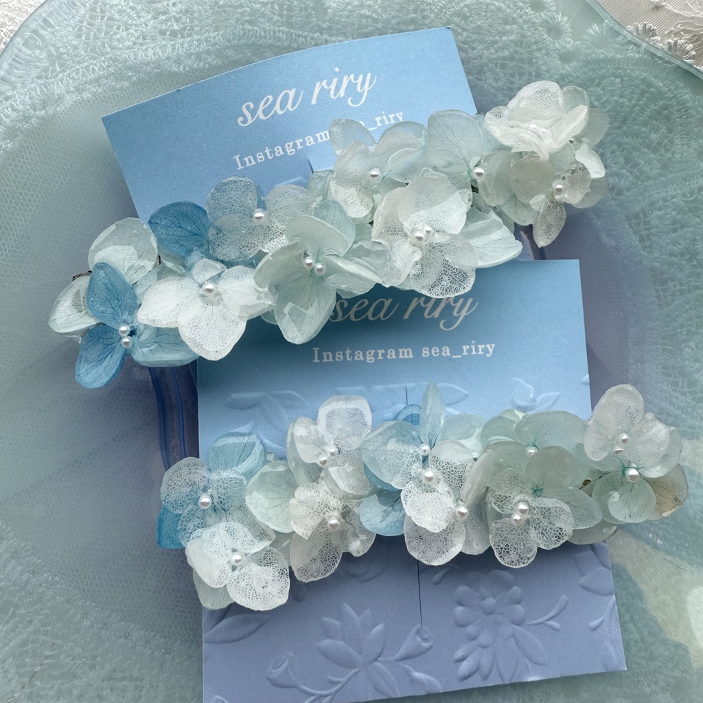 no.170 ブルーホワイトの紫陽花ヘアバレッタ 紫陽花 アナベル 本物のお花 パール ヘアバレッタ ヘアアクセサリー 髪飾り 浴衣 着物