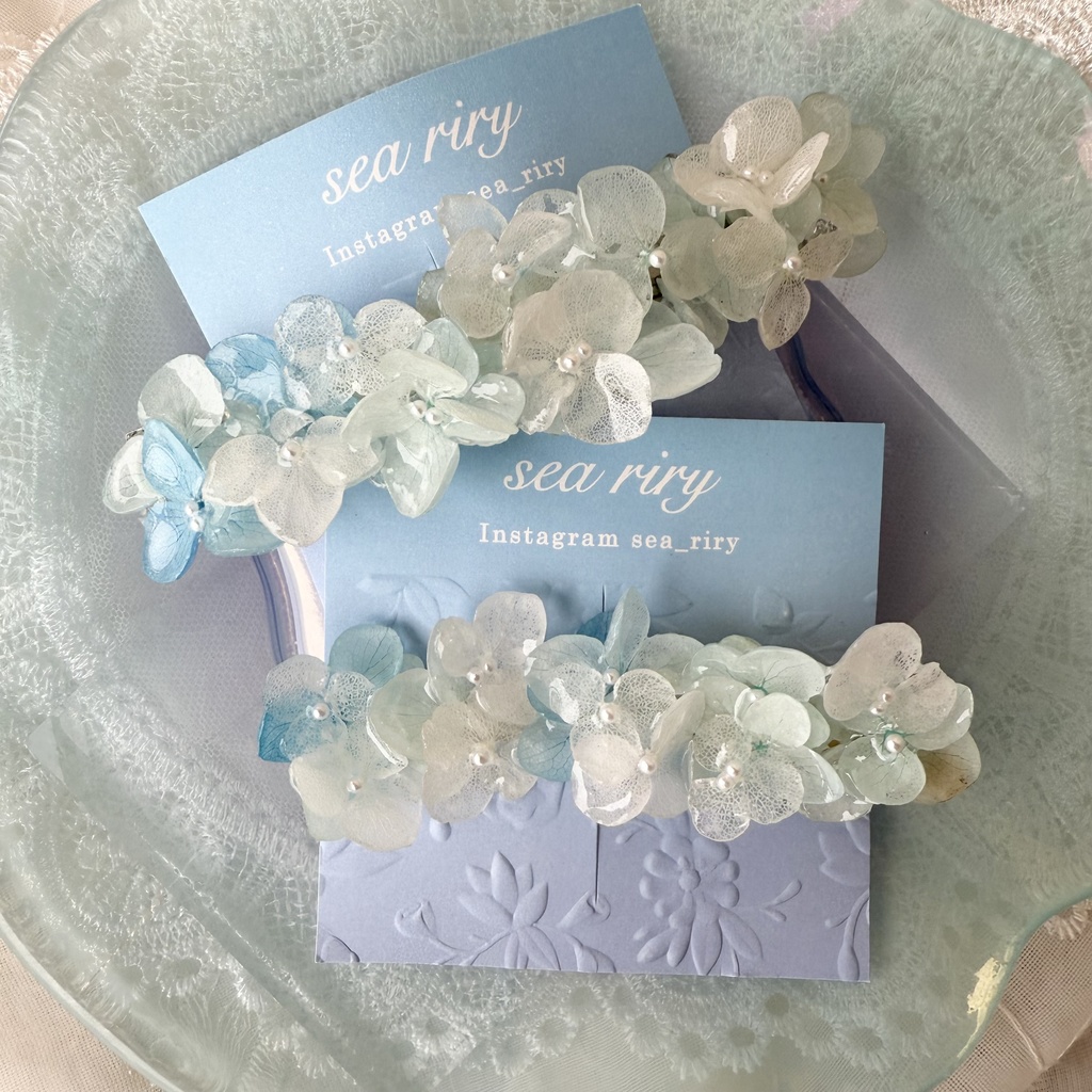 no.170 ブルーホワイトの紫陽花ヘアバレッタ 紫陽花 アナベル 本物のお花 パール ヘアバレッタ ヘアアクセサリー 髪飾り 浴衣 着物