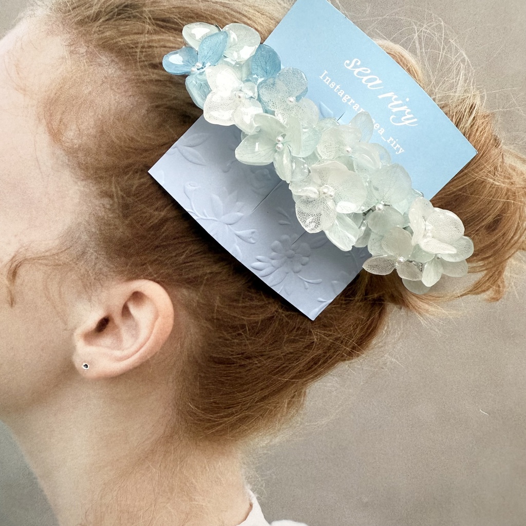 no.170 ブルーホワイトの紫陽花ヘアバレッタ 紫陽花 アナベル 本物のお花 パール ヘアバレッタ ヘアアクセサリー 髪飾り 浴衣 着物