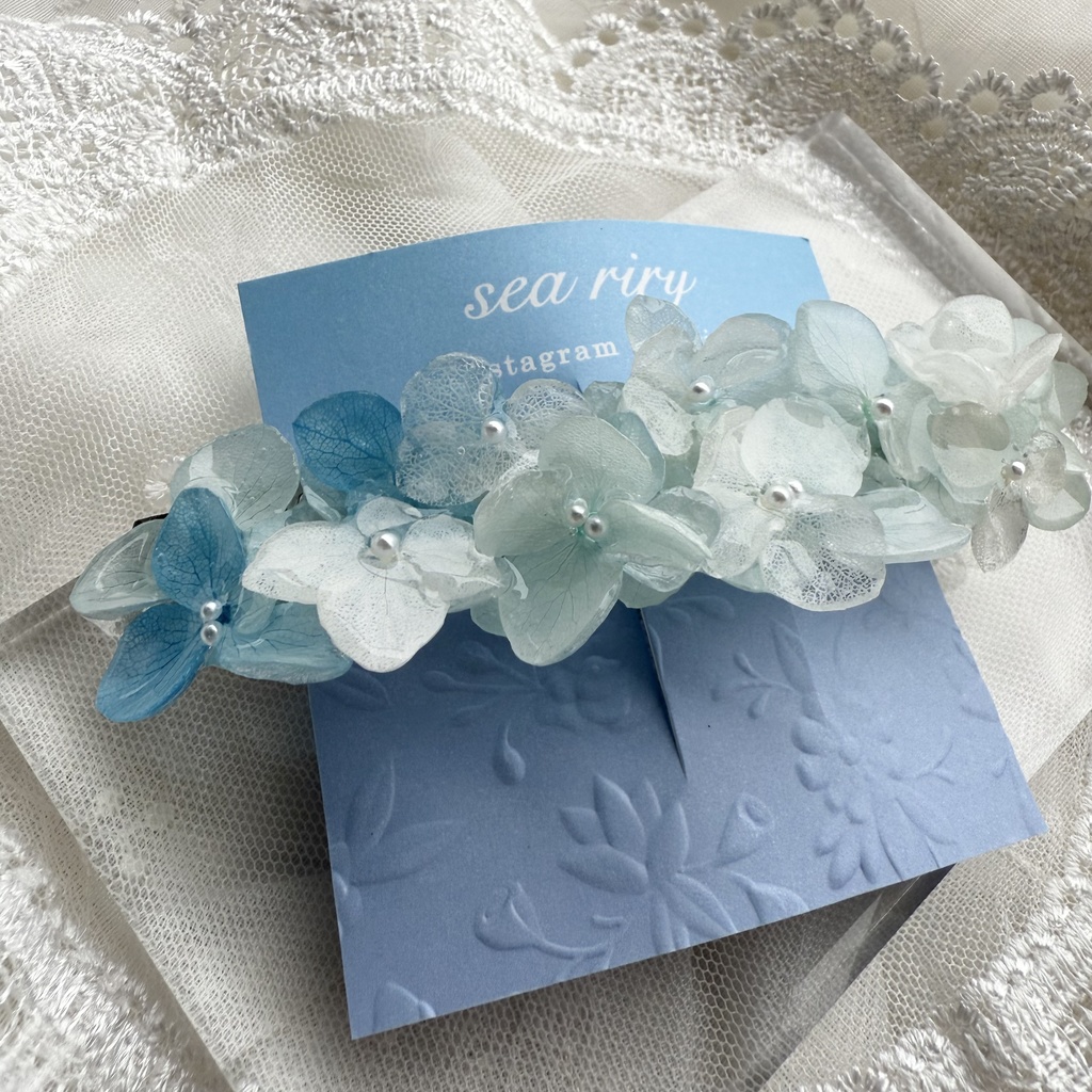 no.170 ブルーホワイトの紫陽花ヘアバレッタ 紫陽花 アナベル 本物のお花 パール ヘアバレッタ ヘアアクセサリー 髪飾り 浴衣 着物