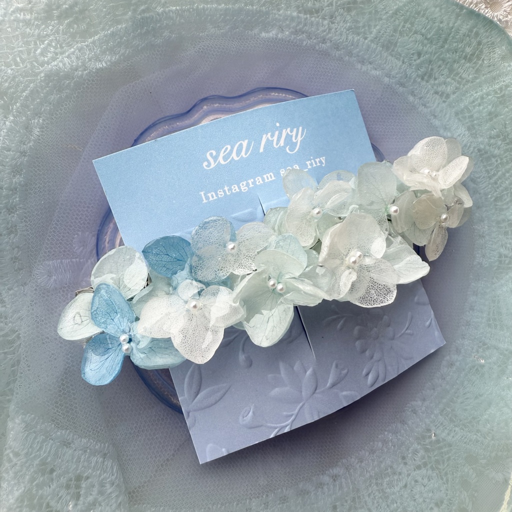 no.170 ブルーホワイトの紫陽花ヘアバレッタ 紫陽花 アナベル 本物のお花 パール ヘアバレッタ ヘアアクセサリー 髪飾り 浴衣 着物