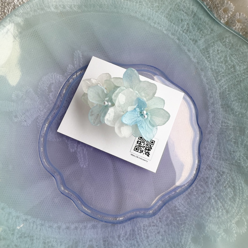 no.174 ブルーグラデの紫陽花の帯留 本物のお花 紫陽花 アナベル ブルー パール 帯留 浴衣 着物