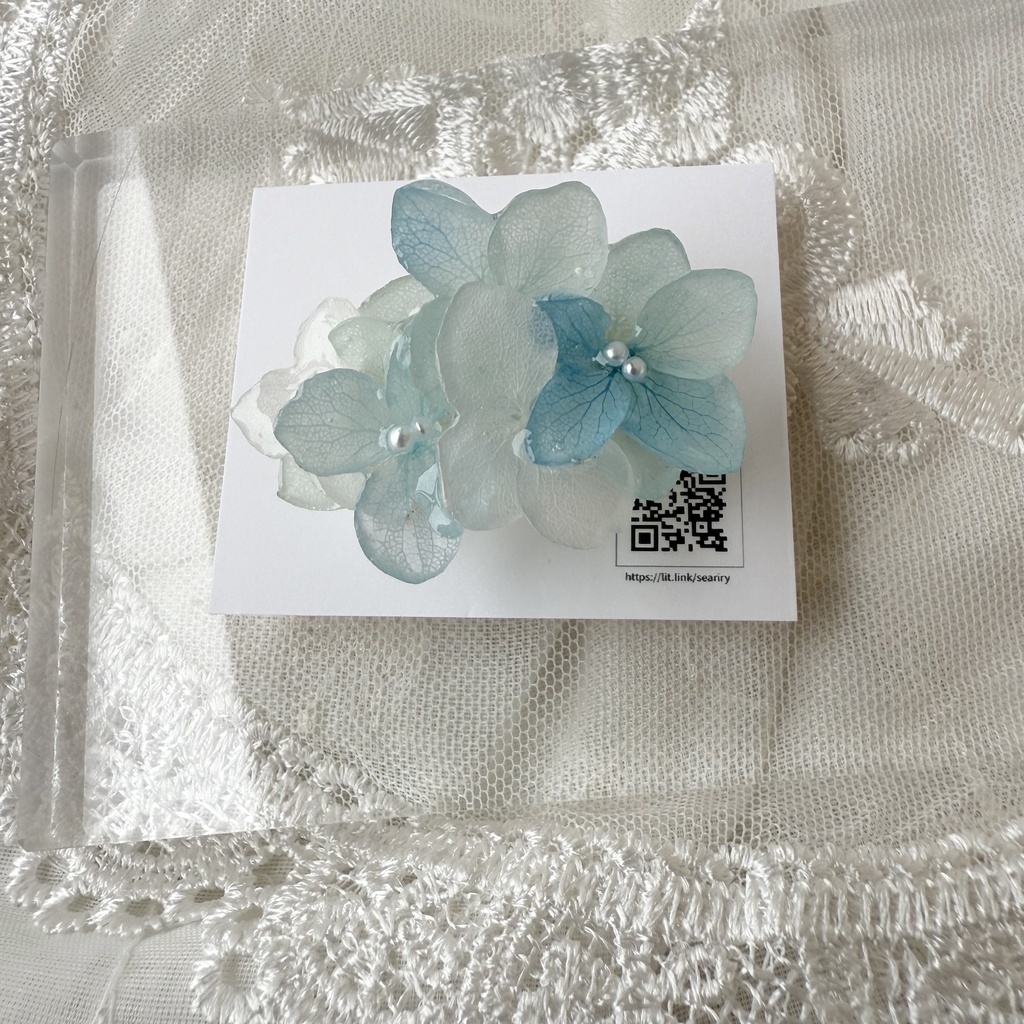 no.174 ブルーグラデの紫陽花の帯留 本物のお花 紫陽花 アナベル ブルー パール 帯留 浴衣 着物